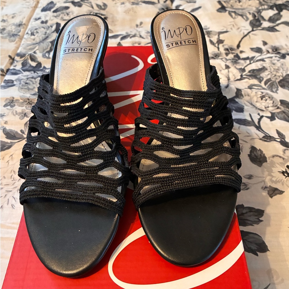 NIB Impo "Stretch" Black Woven Wedge Sandals